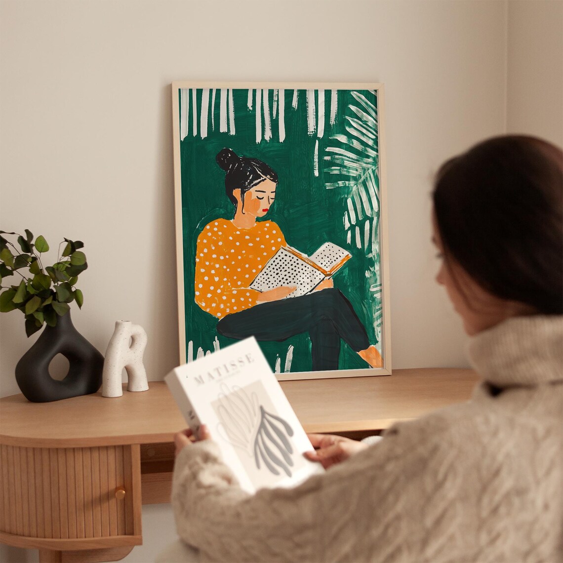 Woman Reading Book Polka Dot Sweater Green Minimalist Art Poster - Image 4