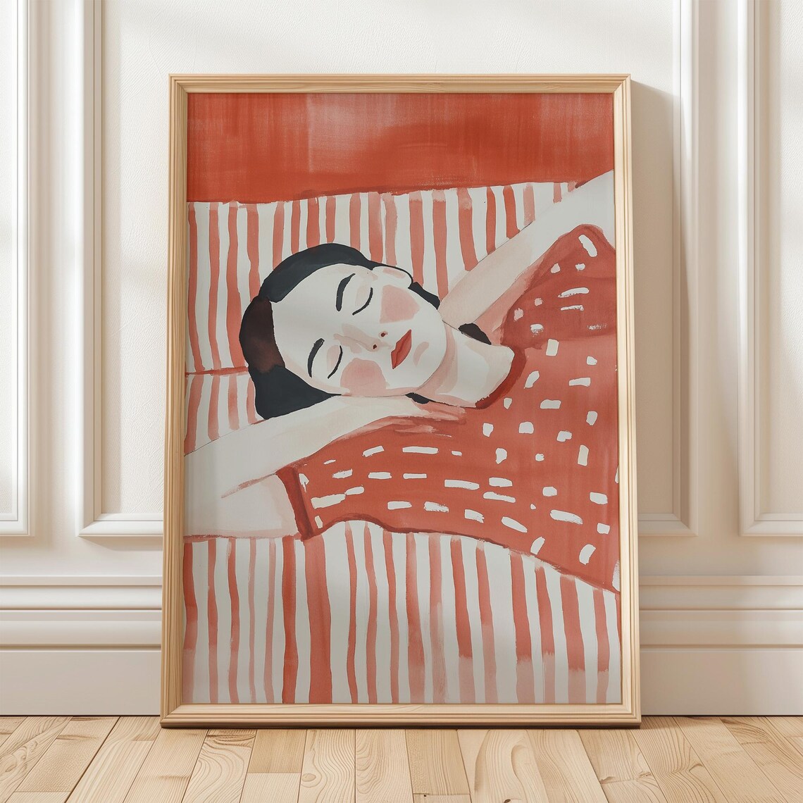 Sleeping Woman in Red Polka Dot Dress Cozy Restful Art Poster