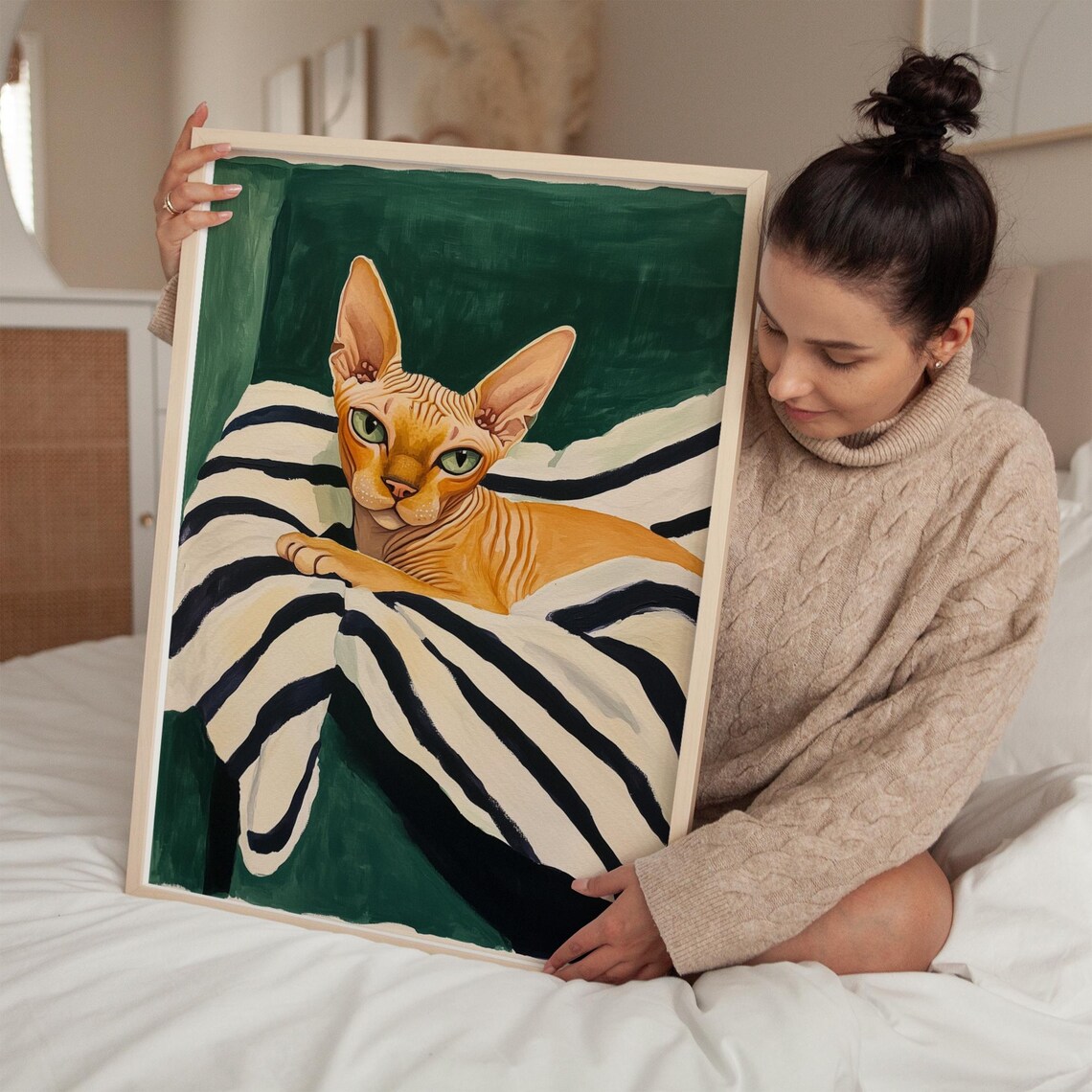 Sphynx Cat Portrait On Striped Blanket Emerald Green Art Poster - Image 3