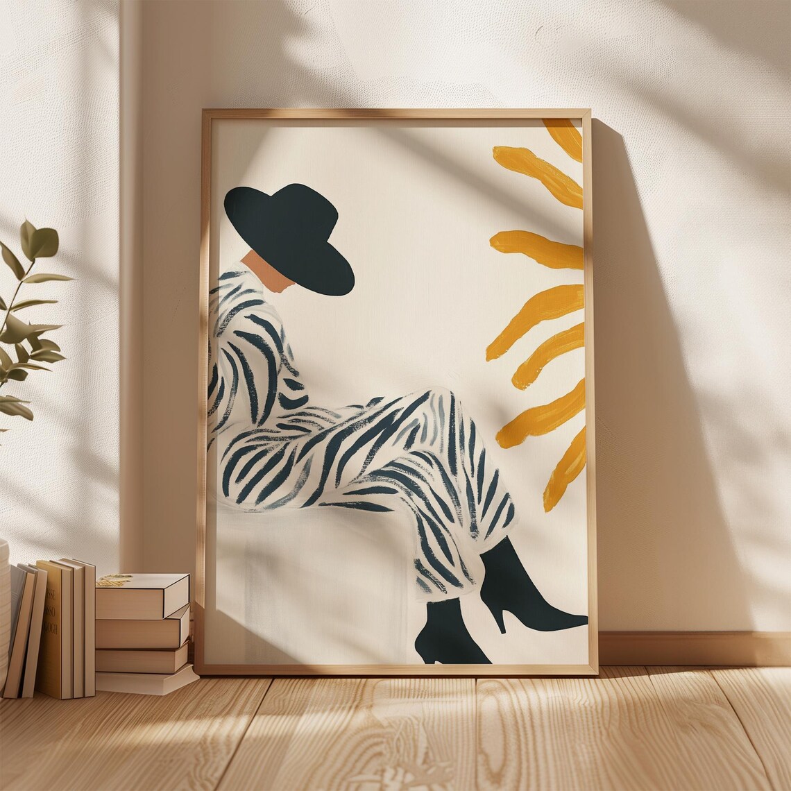 Zebra Jumpsuit Woman with Hat and Golden Sun Modern Abstract Poster - Image 4