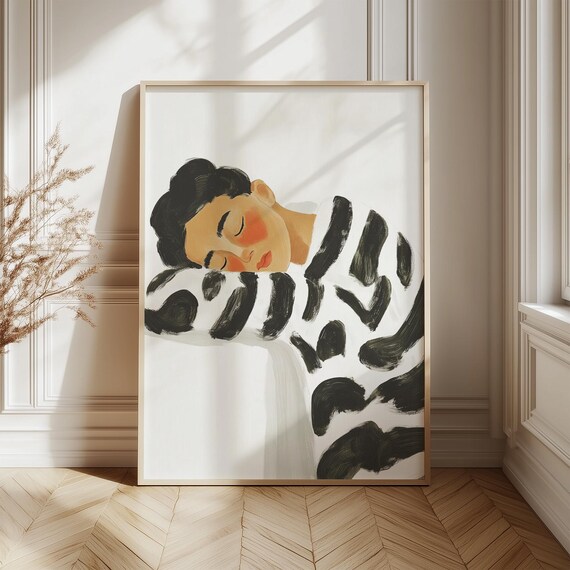 Sleeping Woman in Zebra Stripe Robe Serene Minimalist Bedroom Poster