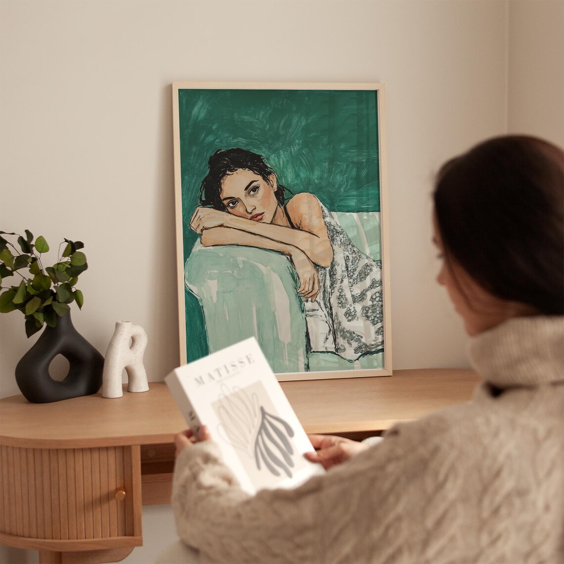 Resting Woman Portrait on Teal Green Modern Feminine Wall Poster - Image 5