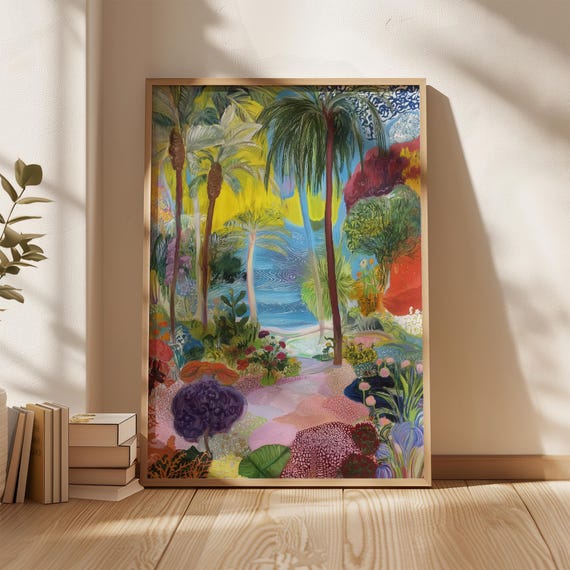 Tropical Garden Wall Art Colorful Palm Tree Landscape Print Vibrant Botanical Nature Painting Boho Jungle Decor Artwork
