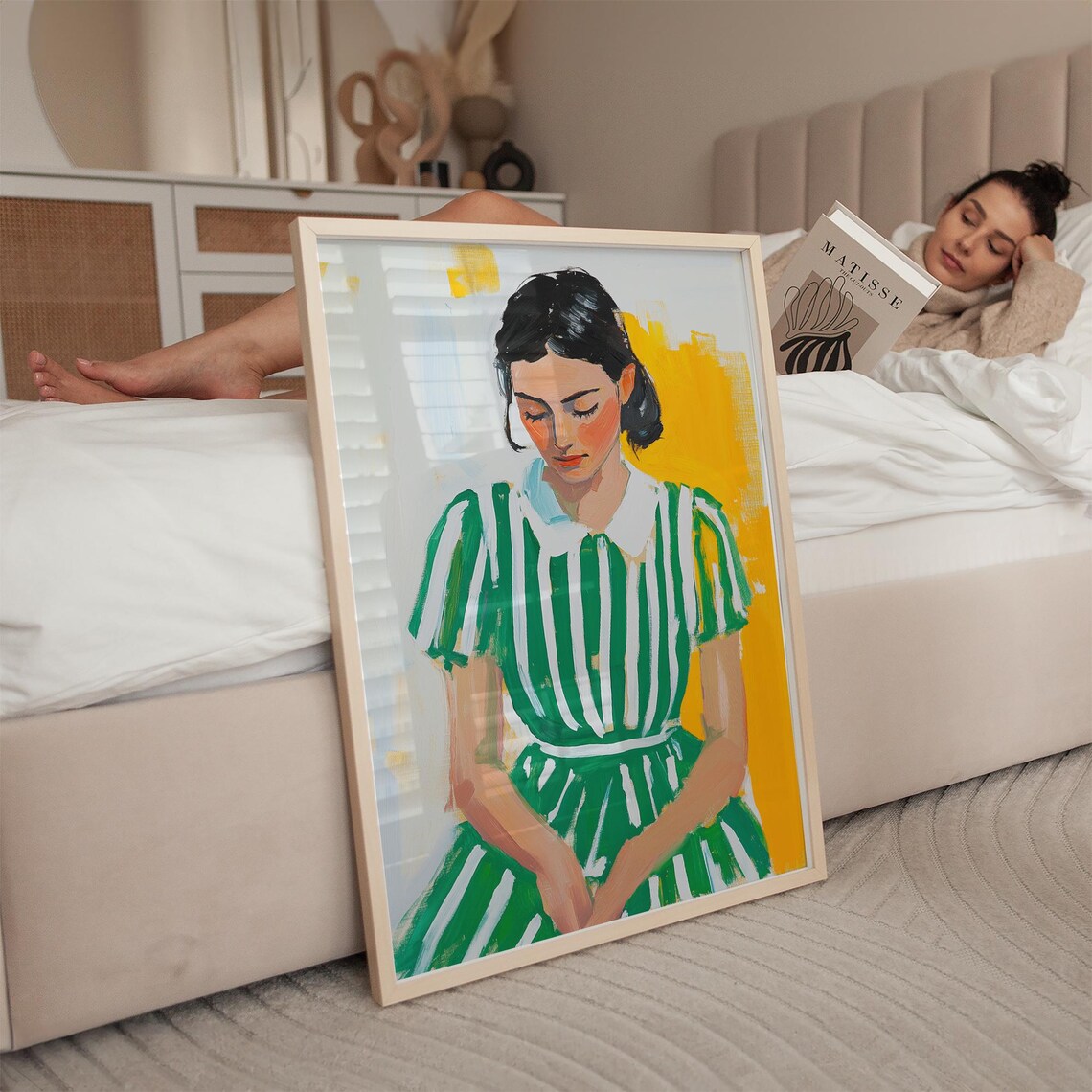 Seated Woman in Green Striped Dress Yellow Background Poster - Image 3