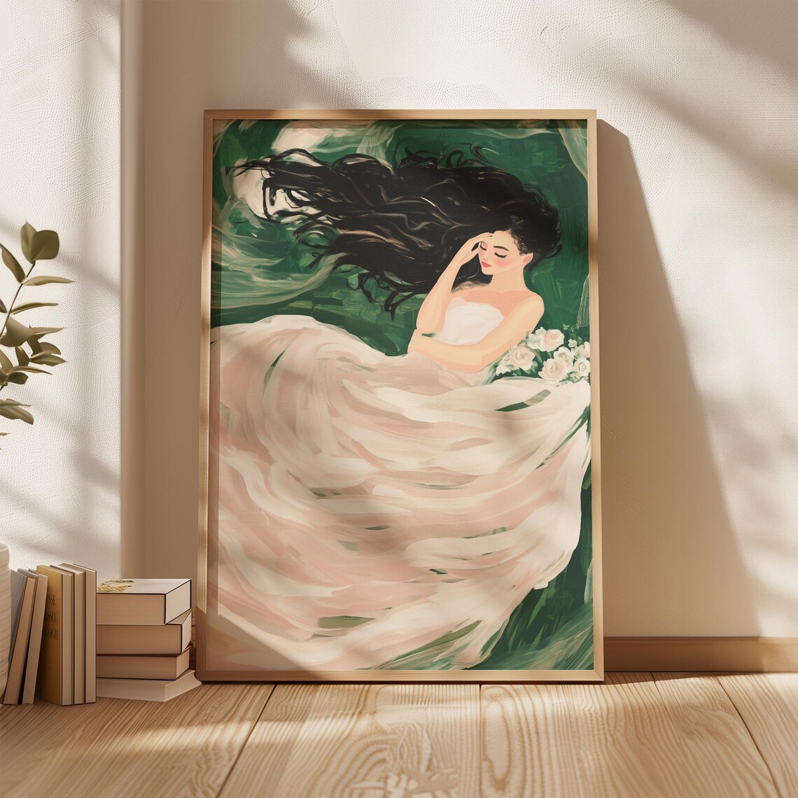Brunette Woman White Dress Romantic Dreamy Girl Painting Poster