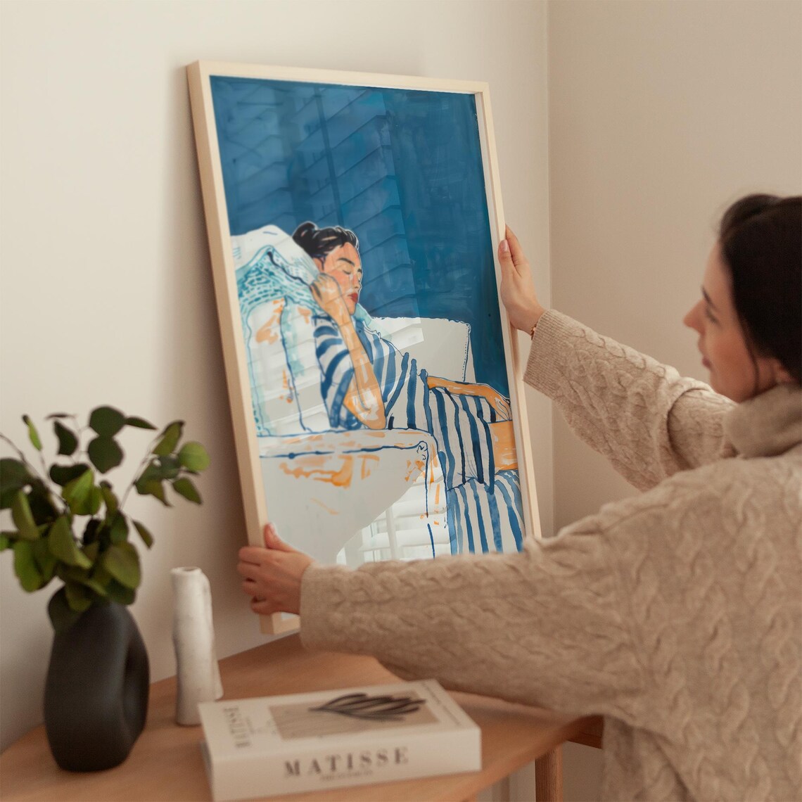 Blue Watercolor Portrait Of Reclining Woman With Stripes Poster - Image 5