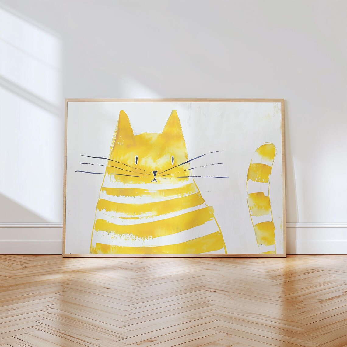 Playful Yellow Striped Cat Face Front View Minimalist Wall Art - Image 2