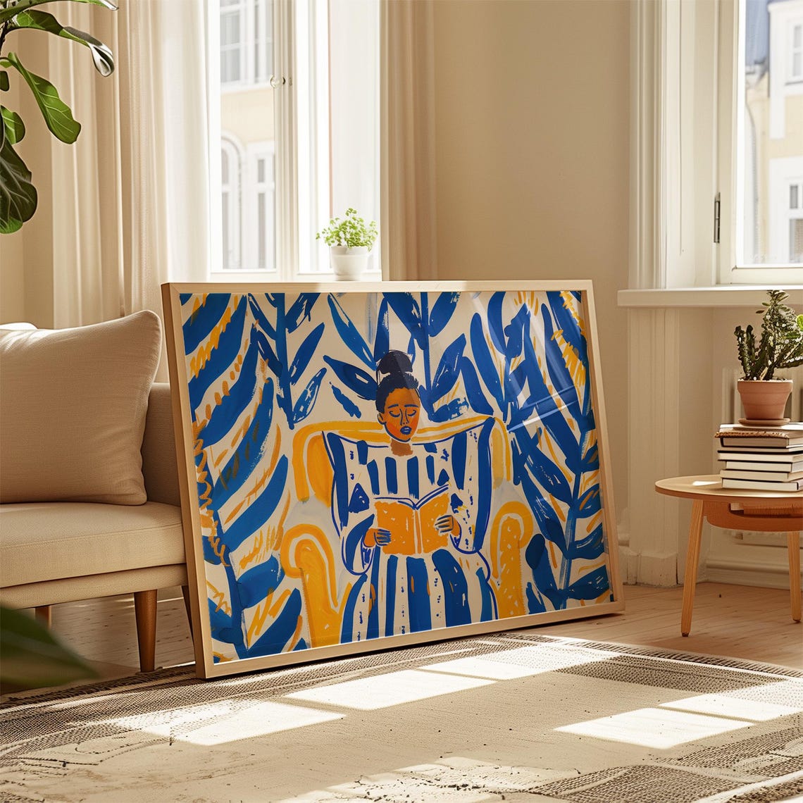 Colorful Reading Woman Art Bold Blue And Yellow Wall Art Botanical Pattern Print Cozy Living Room Artwork Print - Image 4