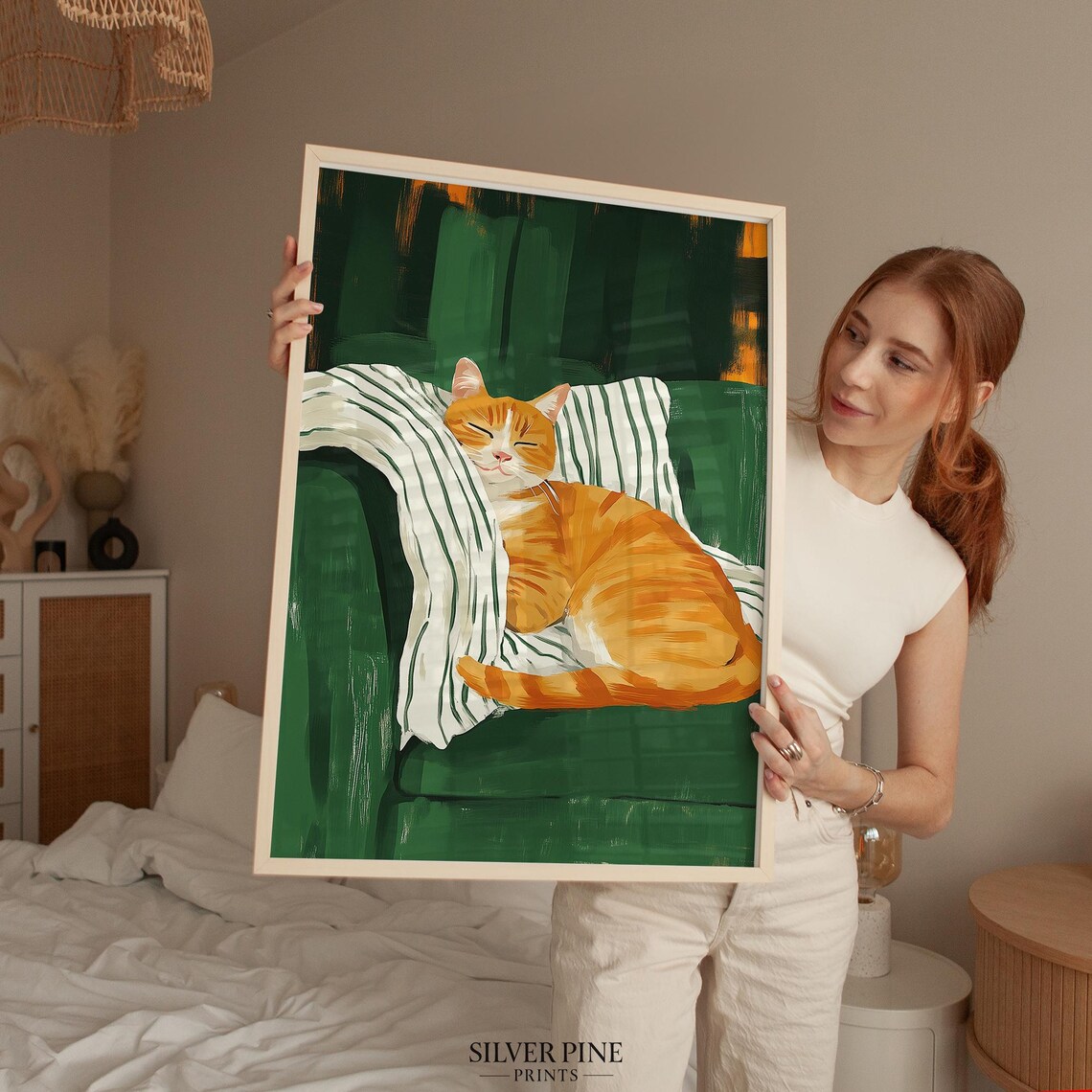 Cozy Sleeping Orange Tabby Cat Curled on Green Armchair Wall Art - Image 5