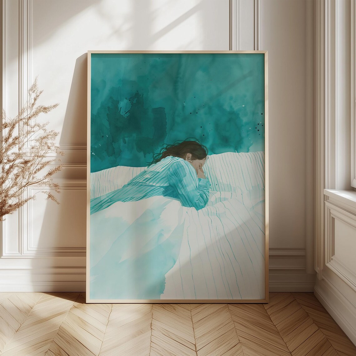 Woman Asleep on Teal Watercolor Bed Soft Dreamy Bedroom Poster - Image 4