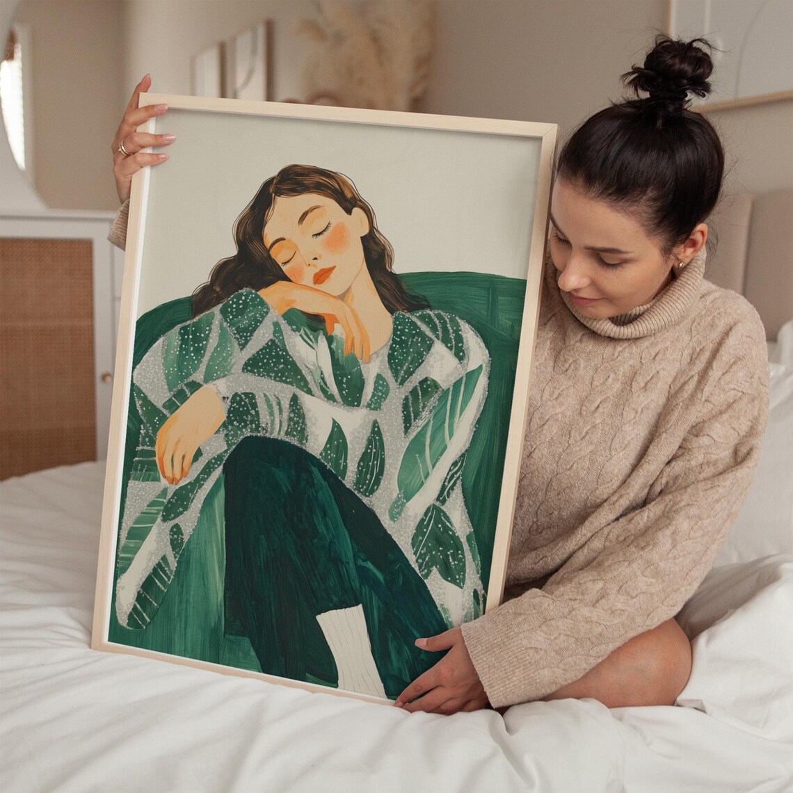 Dreamy Woman in Green Chair, Elegant Abstract Portrait - Image 3