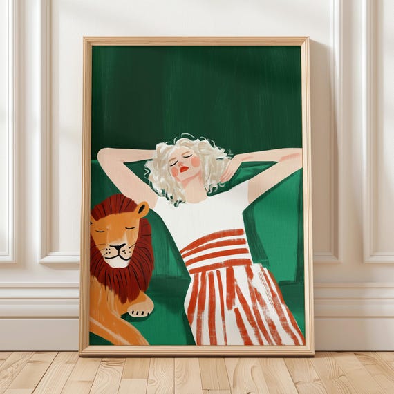 Serene Woman With Lion Wall Art Modern Jungle Decor Bold Boho Print Elegant Minimal Art Unique For Home