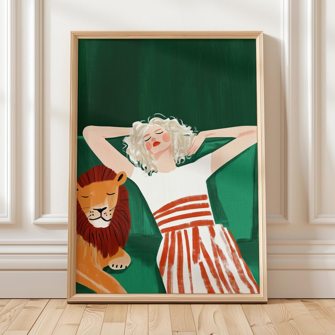 Woman Lounging Beside a Lion Bold Modern Jungle Illustration Poster