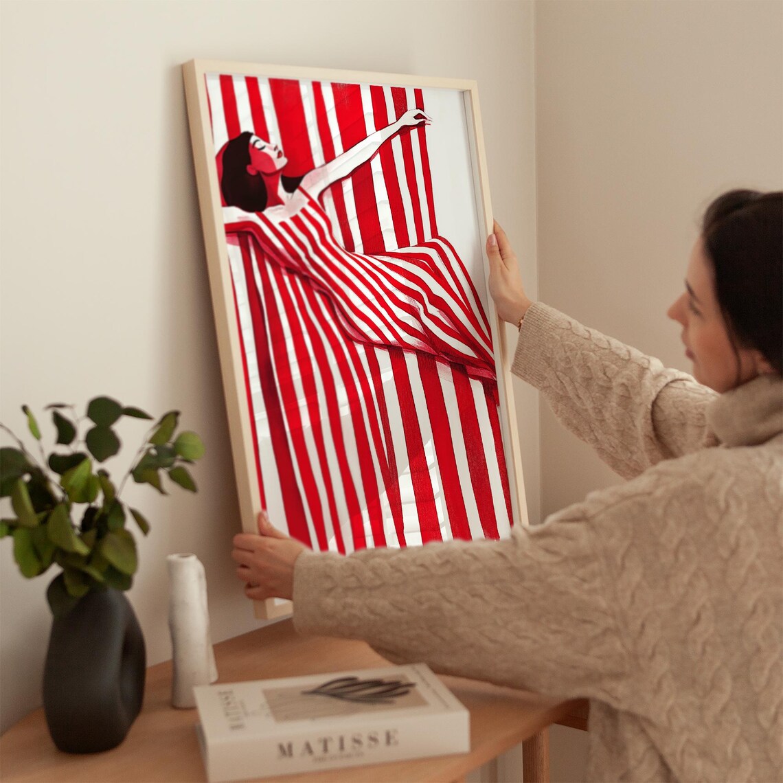Reclining Woman in Red and White Flowing Striped Dress Poster - Image 3