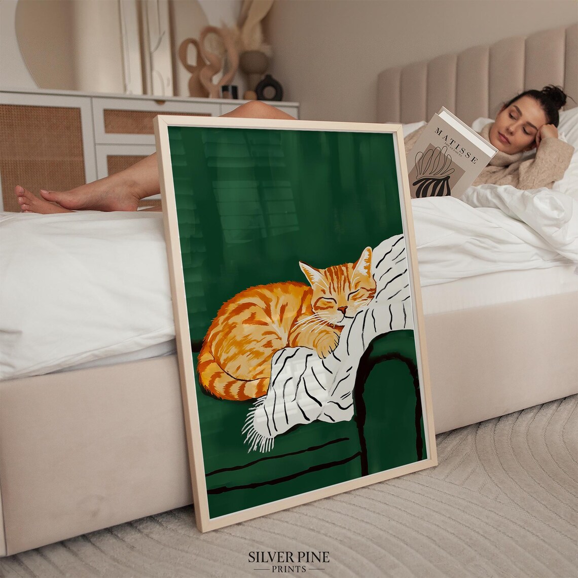 Sleeping Orange Tabby Cat on White Blanket Green Sofa Poster - Image 3