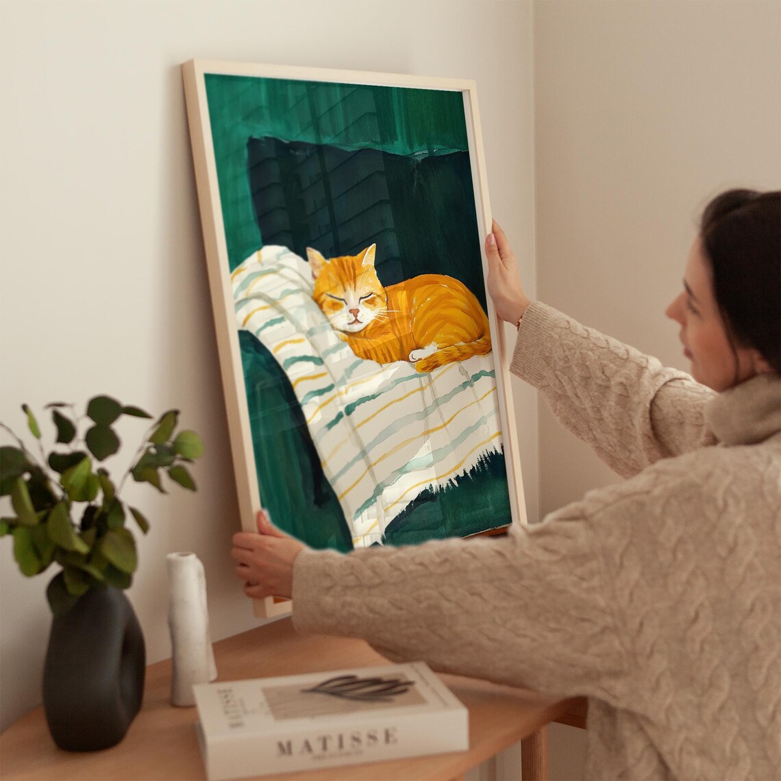 Sleeping Ginger Cat On Striped Blanket Emerald Green Wall Poster - Image 2
