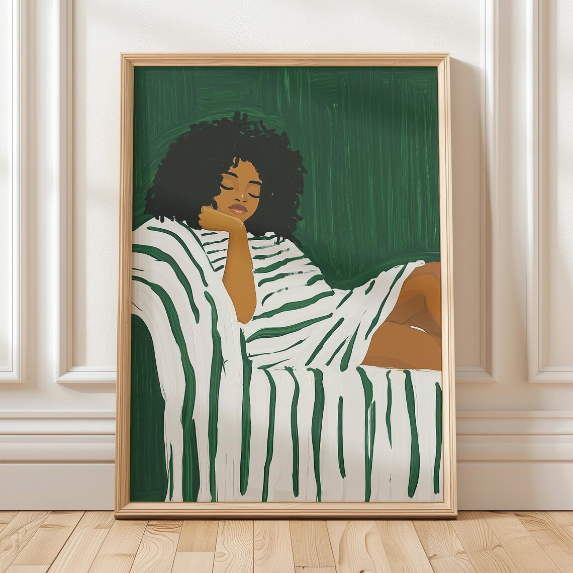 Woman Resting With Curly Hair Striped Minimalist Portrait Print