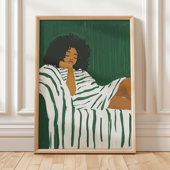 Woman Resting With Curly Hair Striped Minimalist Portrait Print