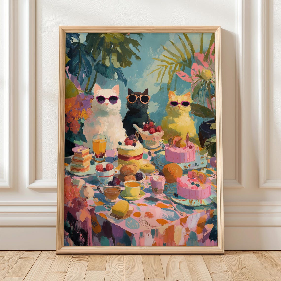 Three Cool Cats Sunglasses Breakfast Party Colorful Art Print