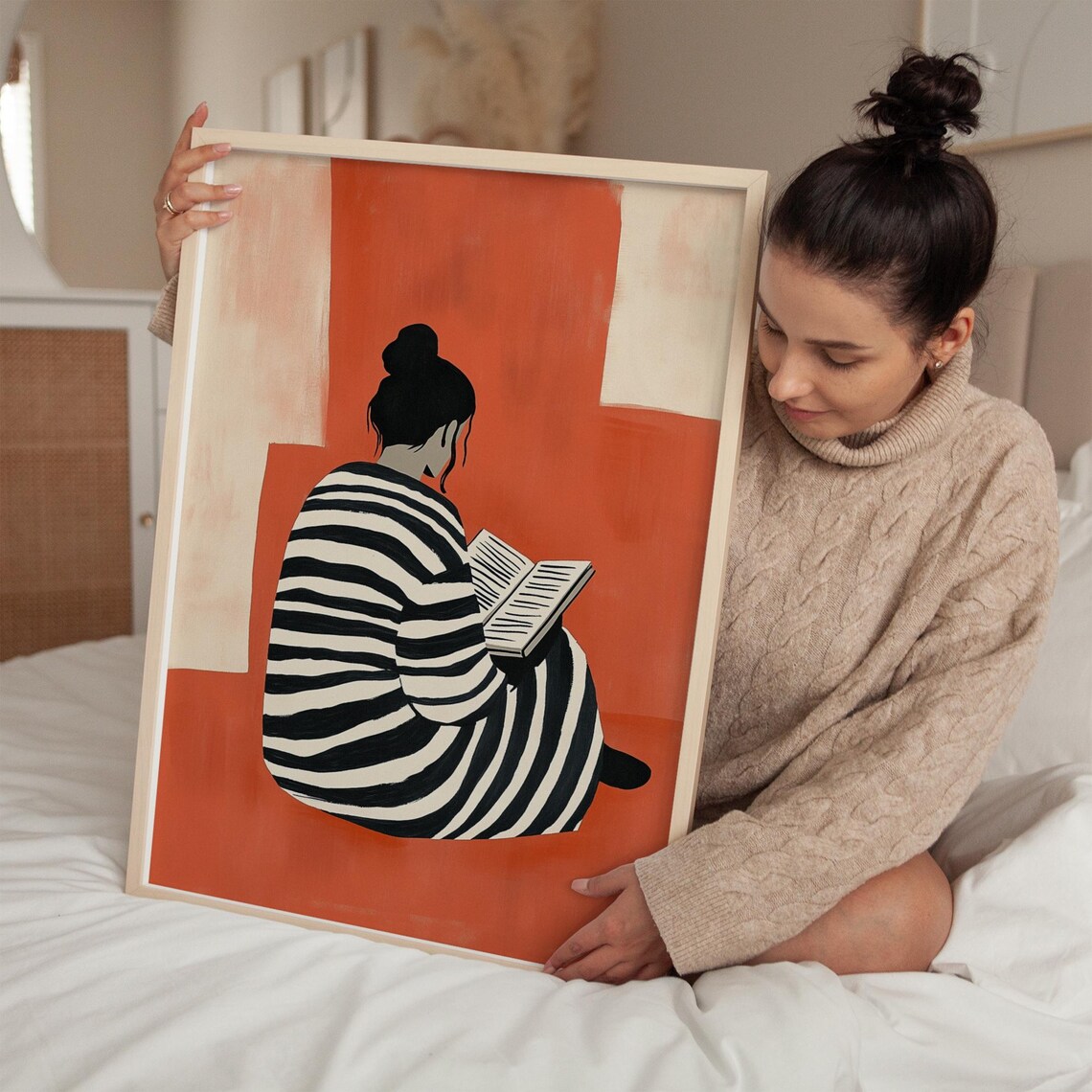 Woman in Striped Robe Reading Against Terracotta Minimalist Art Poster - Image 4
