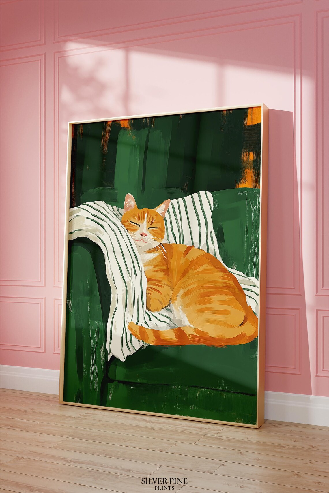 Cozy Sleeping Orange Tabby Cat Curled on Green Armchair Wall Art - Image 4