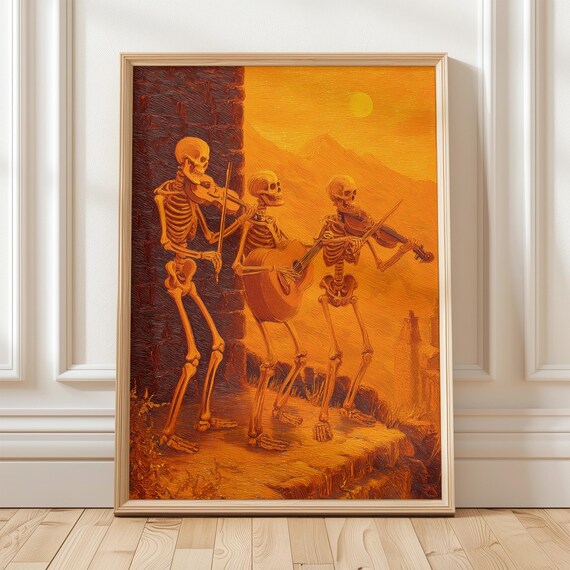 Skeleton Band Playing Music Spooky Halloween Wall Art In Vibrant Orange Oil Painting Style Gothic Decor