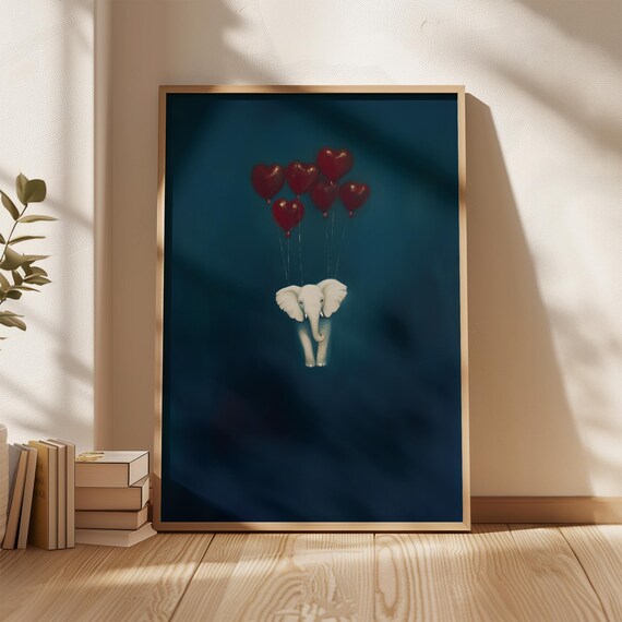 Baby Elephant Wall Art White Floating With Heart Balloons On Blue Background Cute Nursery Animal Print