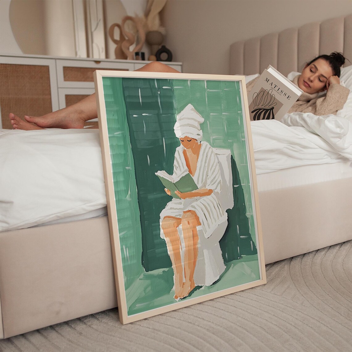 Modern Minimalist Woman Reading Bathroom Decor - Image 2