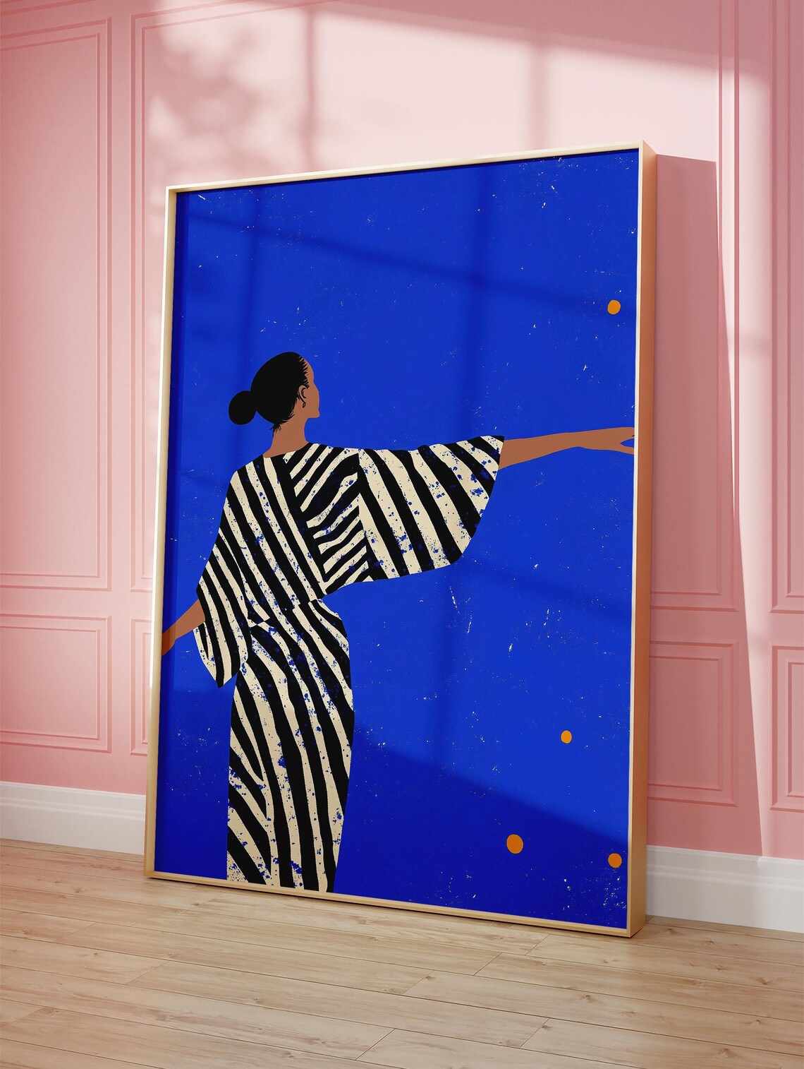 Woman in Striped Kimono Dress on Vivid Blue Night Sky Poster - Image 2