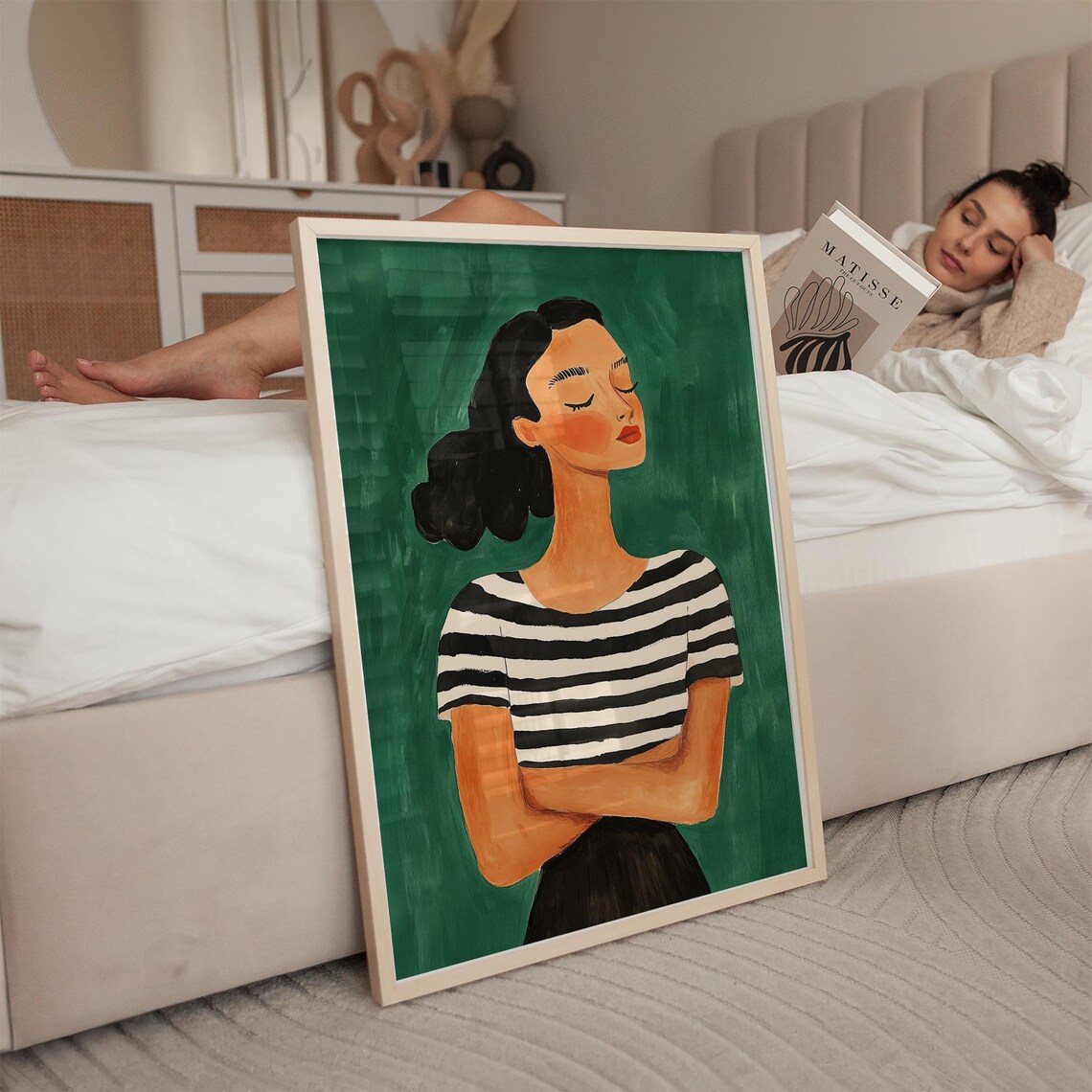 Confident Woman in Striped Shirt Emerald Green Portrait Poster - Image 2