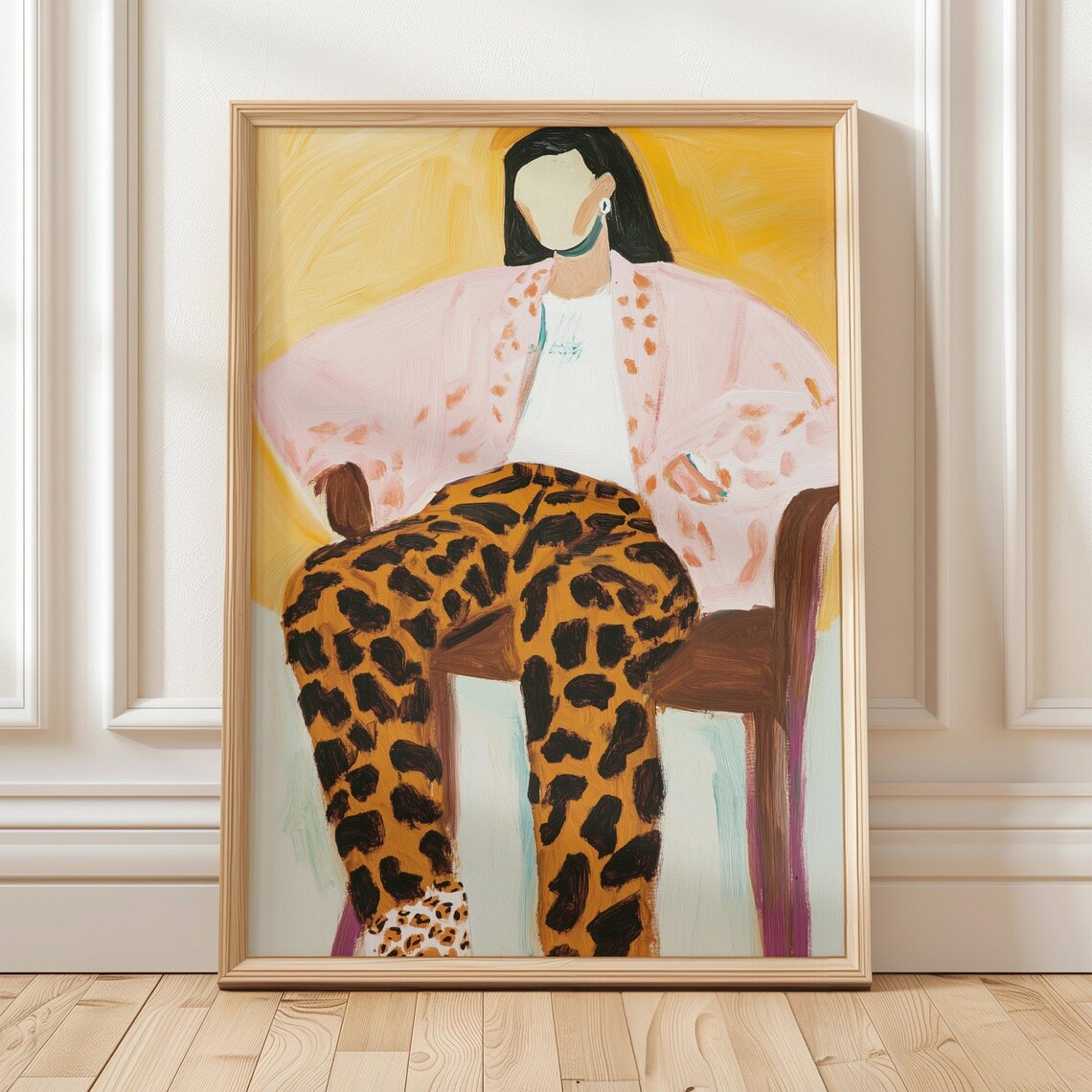 Seated Woman in Leopard Pants Pink Blazer Bold Fashion Art Poster - Image 4