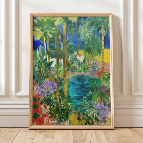 Tropical Garden Wall Art Print Colorful Botanical Pool Painting Lush Greenery Landscape Jungle Plant Decor Nature Summer Poster