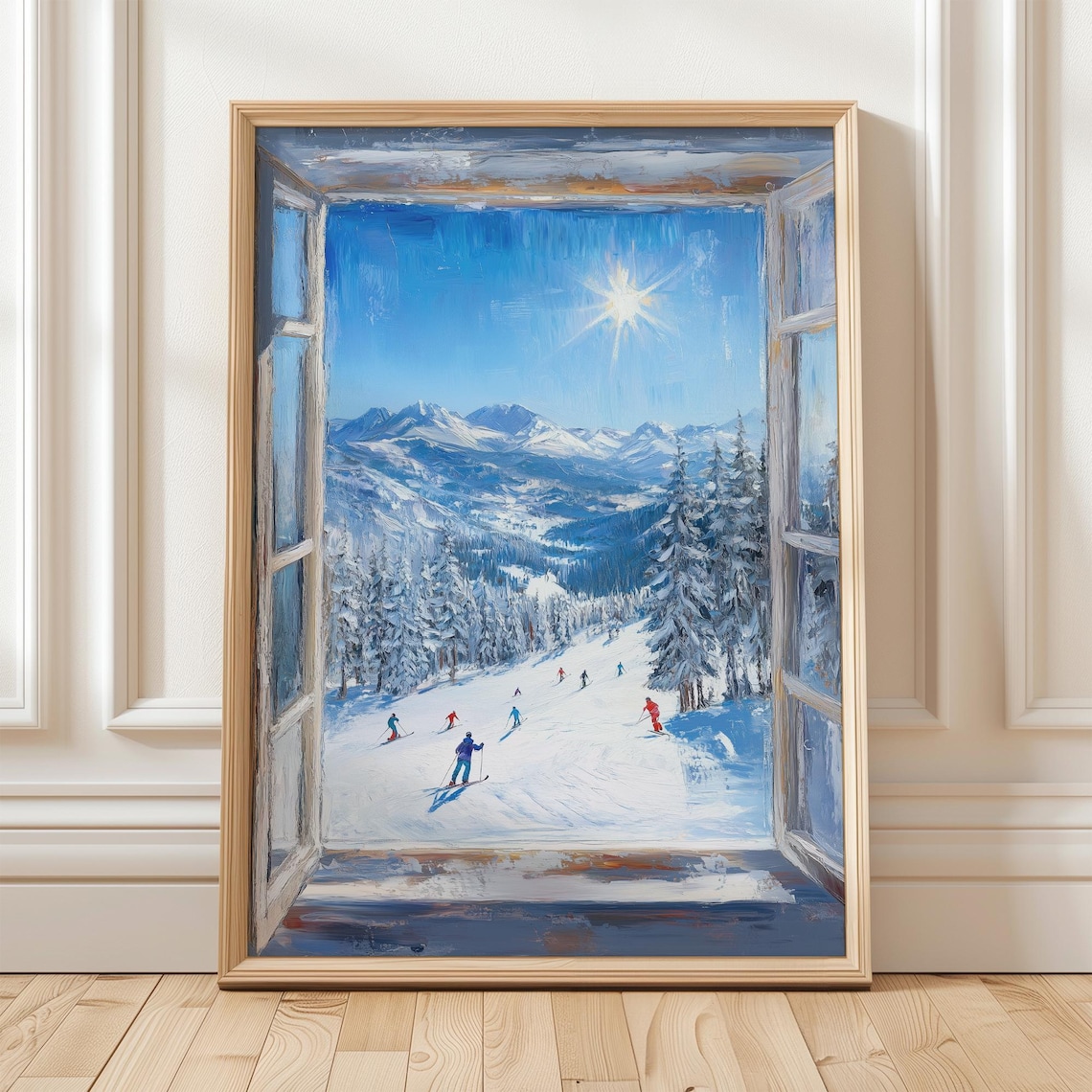 Ski Resort Window View Poster Print, Winter Alps Scene