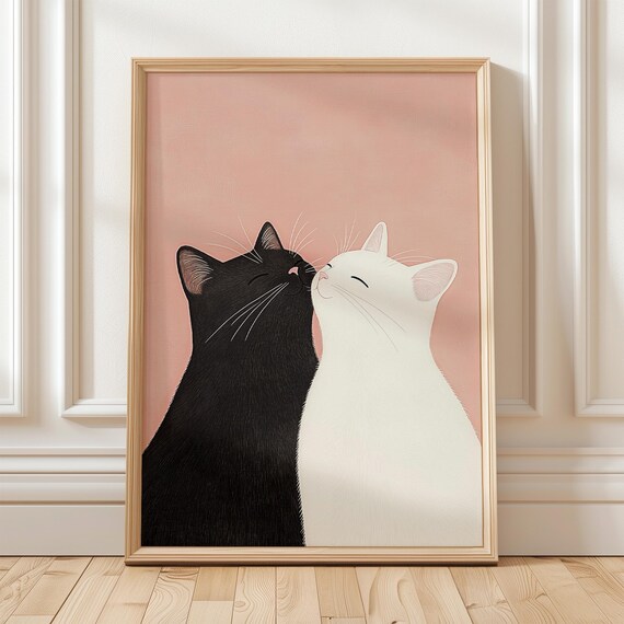 Black and White Cat Couple Nuzzling on Soft Pink Romantic Poster