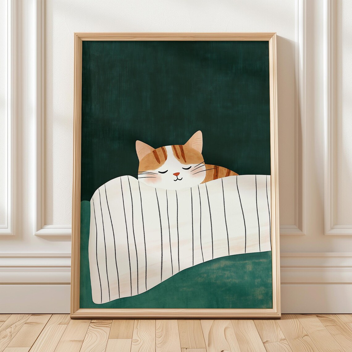 Cute Orange Tabby Cat Napping Under Striped Blanket Art Poster