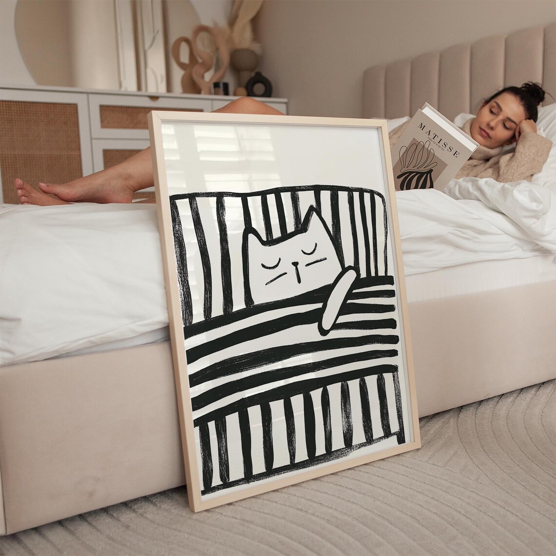 Peaceful Sleeping White Cat Curled on Striped Bed Monochrome Poster - Image 2