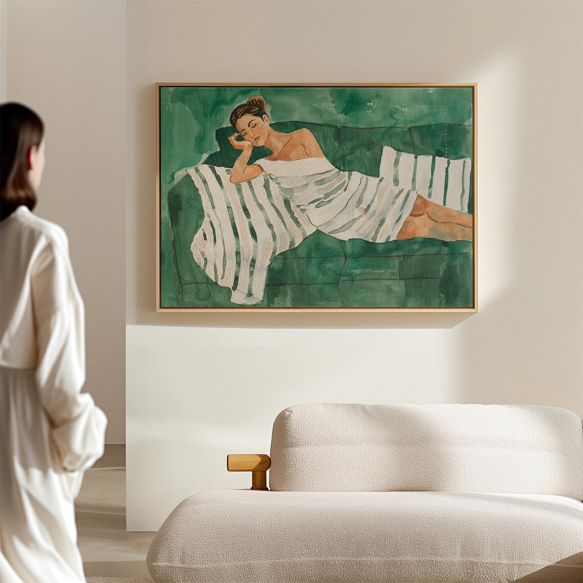 Woman Lounging on Emerald Green Sofa Striped Throw Watercolor Poster - Image 2