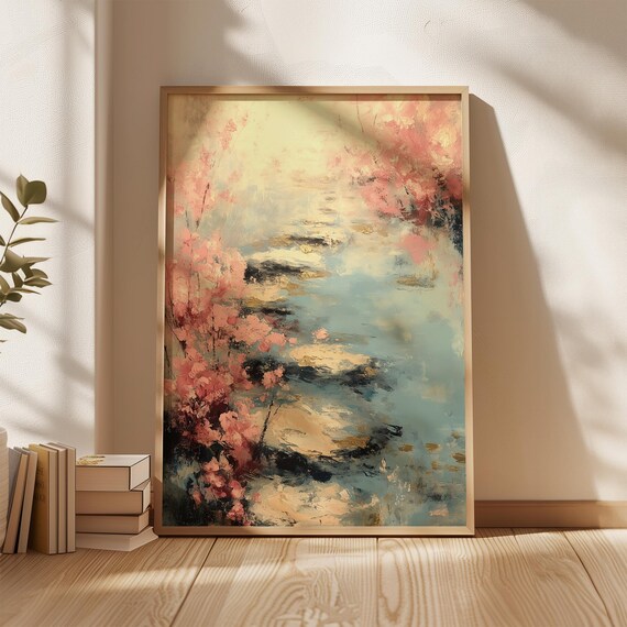 Blush Pink Floral Pond Abstract Impressionist Garden Painting Poster