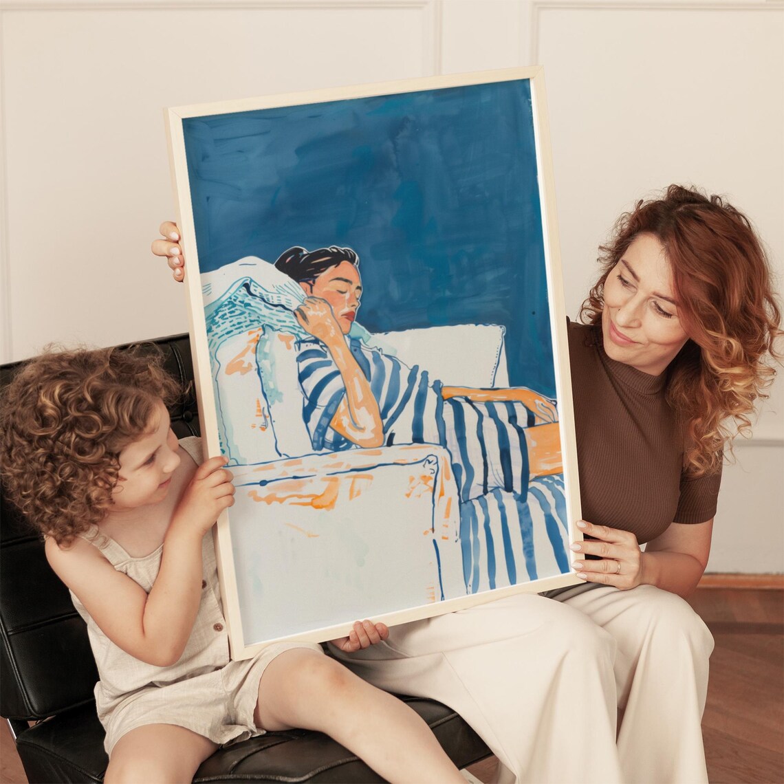 Blue Watercolor Portrait Of Reclining Woman With Stripes Poster - Image 3