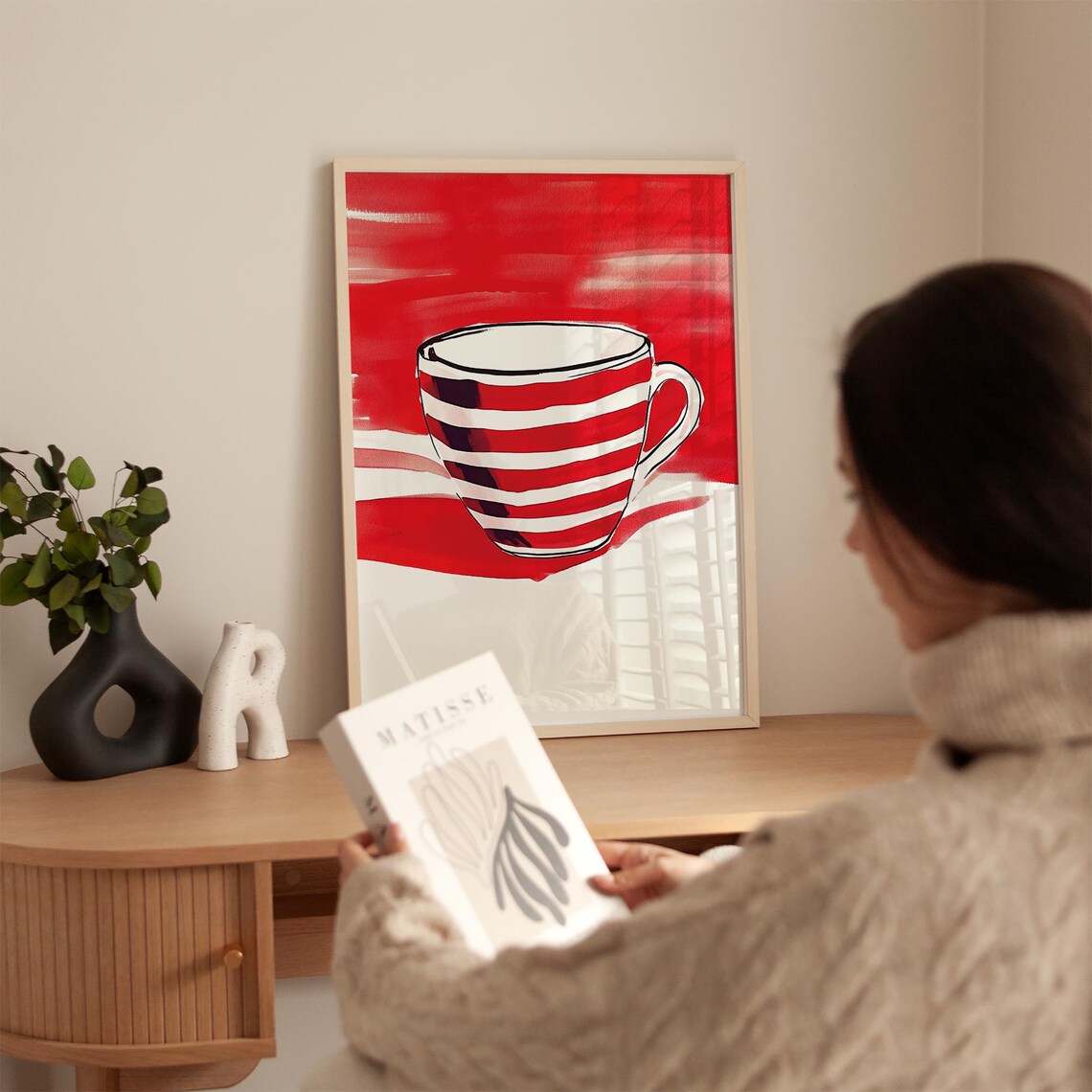 Red Striped Coffee Cup, Minimalist Abstract Art - Image 3