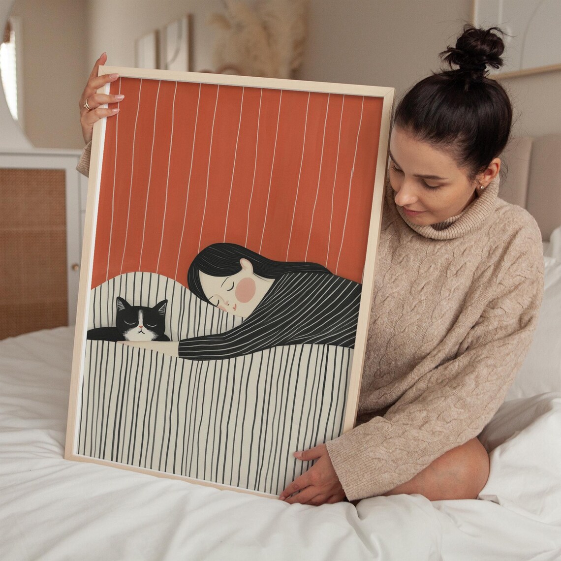 Woman Sleeping With Black Cat Coral Striped Bedroom Wall Poster - Image 3