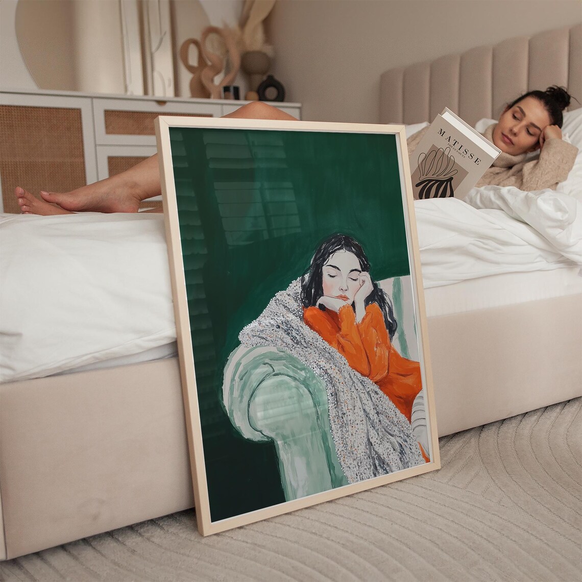 Sleeping Woman In Orange Dress Green Background Glitter Art Poster - Image 3