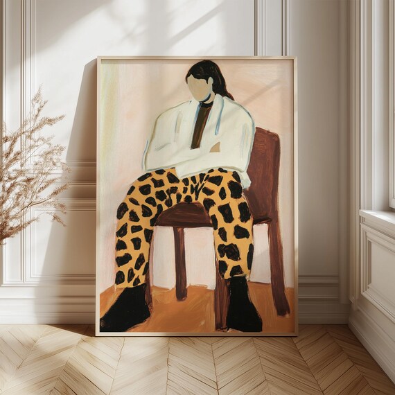 Seated Woman in Leopard Pants White Jacket Neutral Art Poster