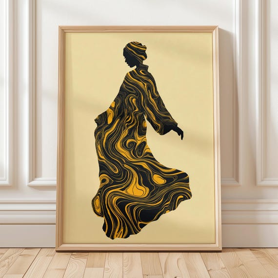 Abstract Woman Silhouette Print Modern Figurative Wall Art Of Female In Flowing Black And Yellow Pattern Dress On Beige