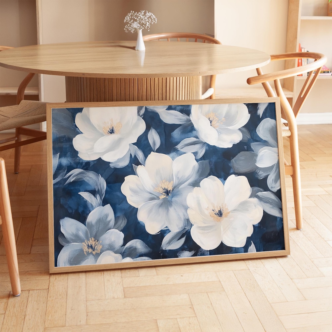 White Blossoms on Deep Navy Floral Oil Painting Style Wall Art