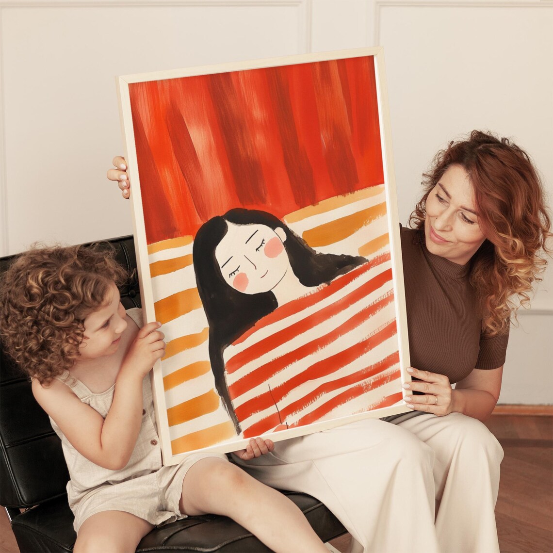 Peaceful Sleeping Woman Wrapped in Red Striped Blanket Art Poster - Image 4