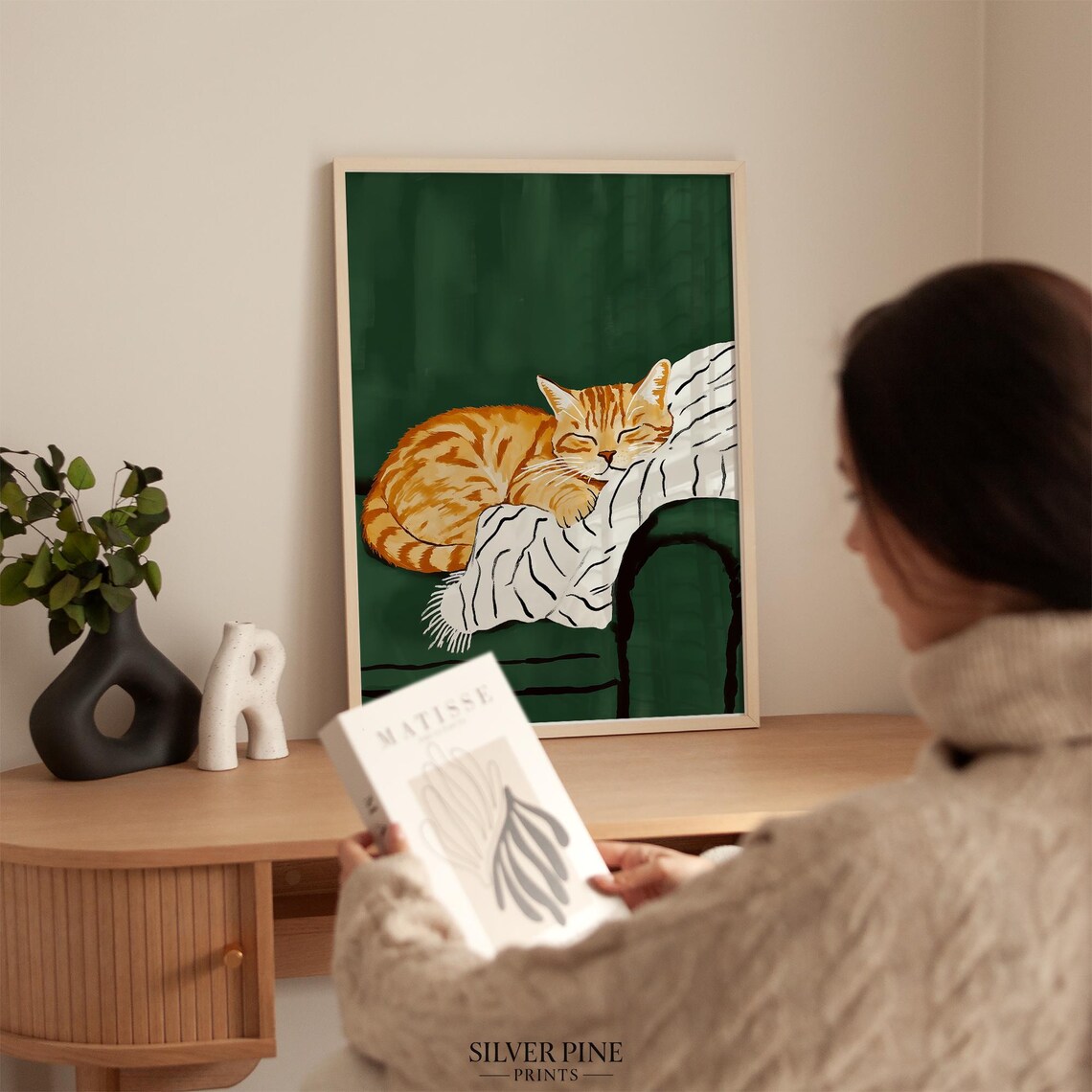 Sleeping Orange Tabby Cat on White Blanket Green Sofa Poster - Image 5