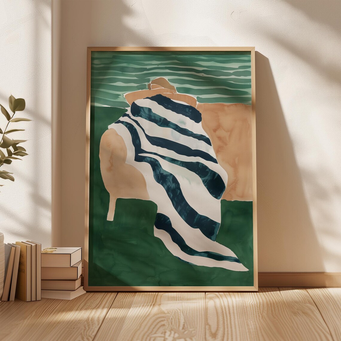Relaxing Figure Draped in Striped Blanket Seaside Green Watercolor Poster - Image 2