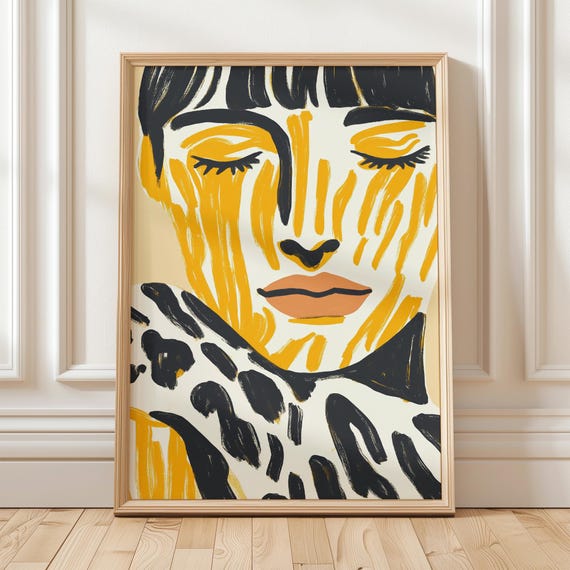Abstract Woman Wall Art Print Modern Portrait Illustration With Bold Yellow Lines Contemporary Feminine Artwork Stylish Home Decor Gift
