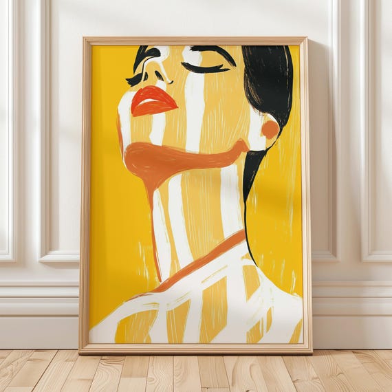 Female Portrait Artwork Abstract Minimalist Print With Red Lips And Closed Eyes On Bold Yellow Background Modern Figurative Wall Art